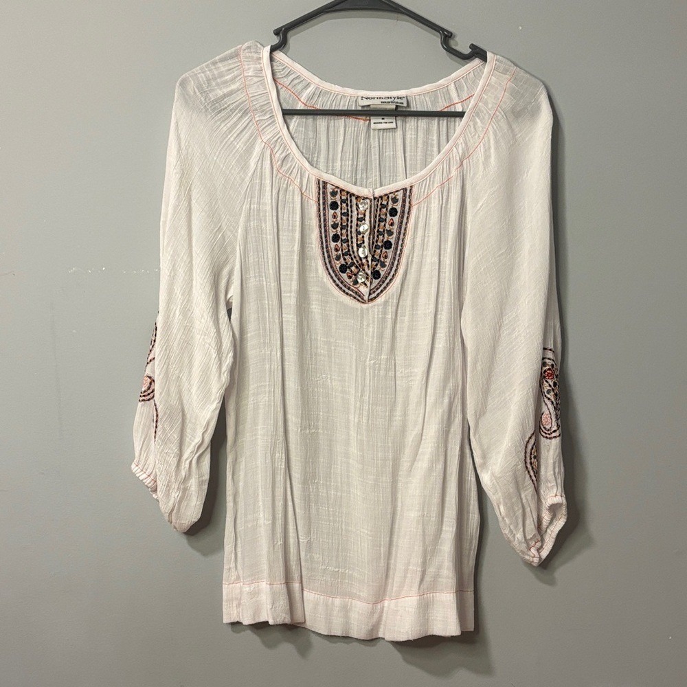 Northstyle White Embroidered Gauze Peasant Blouse Bohemian Top Medium